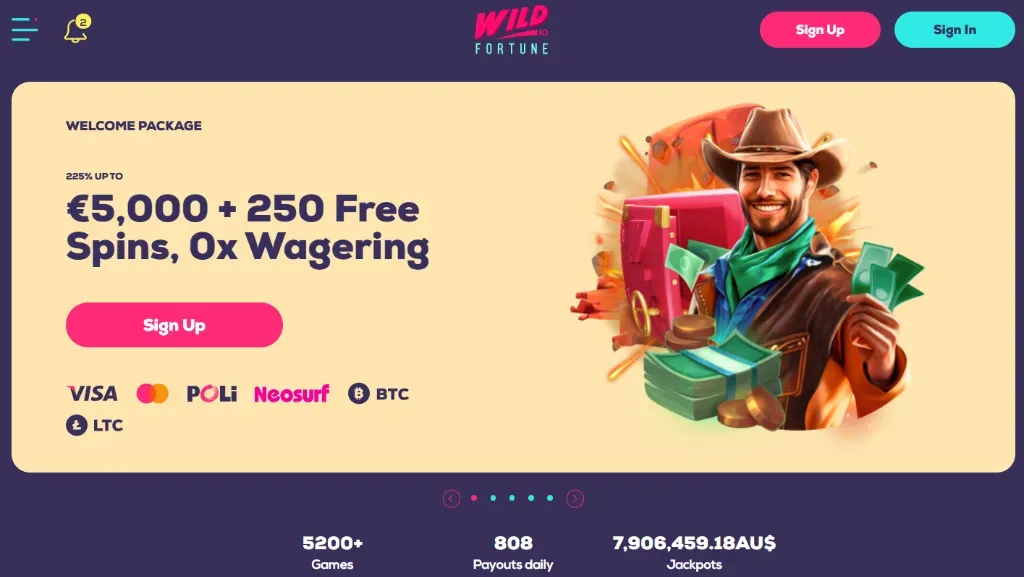 Wild Fortune Casino welcome bonus with cowboy character